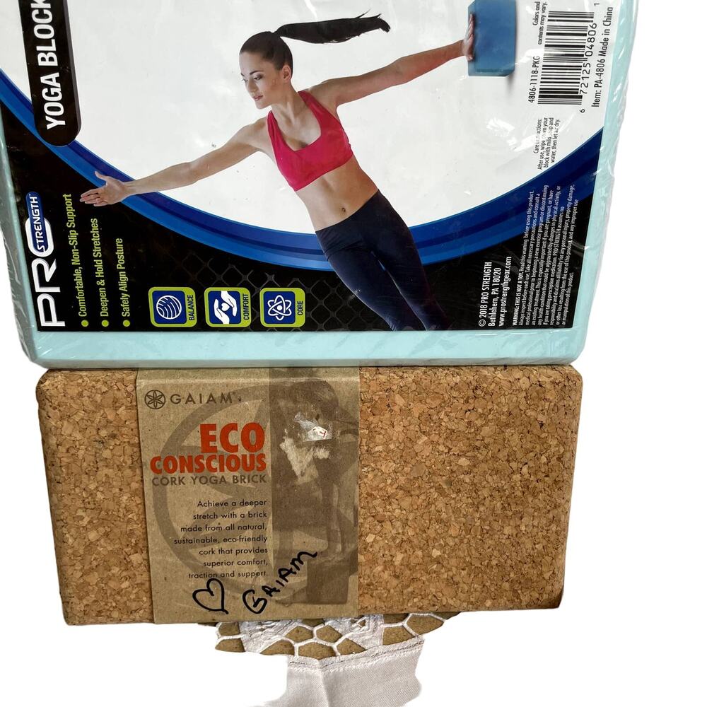 Lot Bundle of 2 Yoga Blocks: Gaiam Cork & Pro Strength Non-Slip